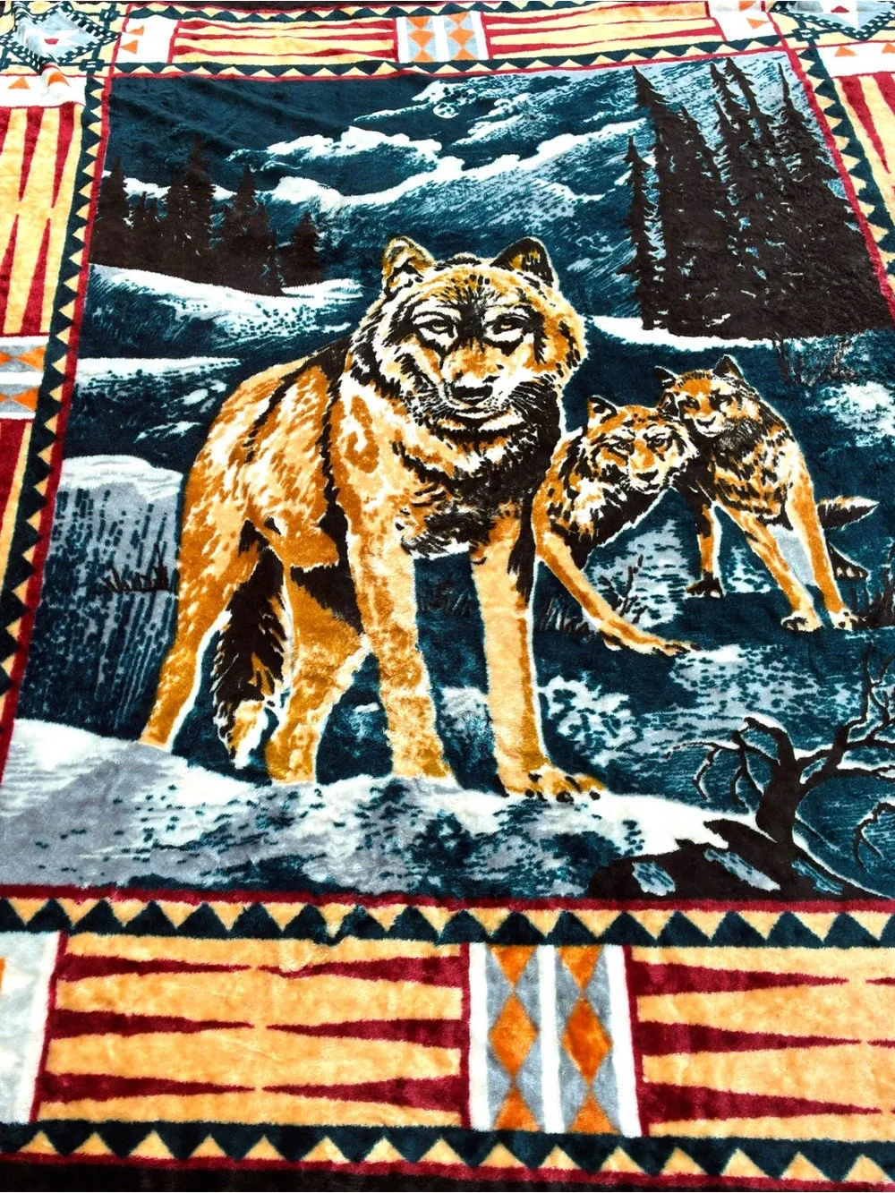 Novatex Cobertor Vintage Wolf Southwestern Blanket Sz 84x96